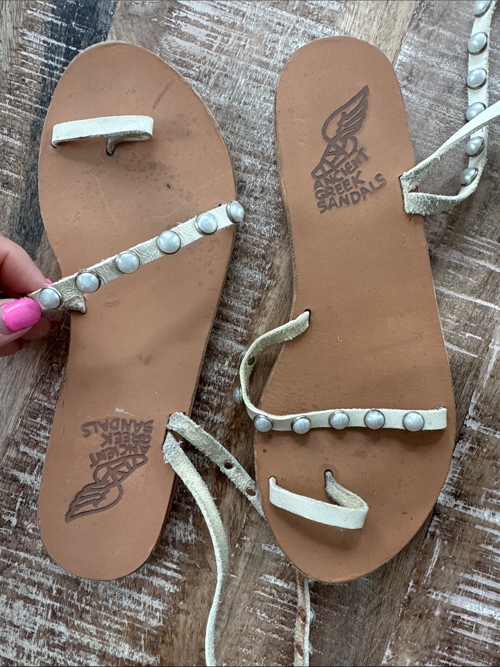 Ancient Greek Leather Pearl Sandals Size 38